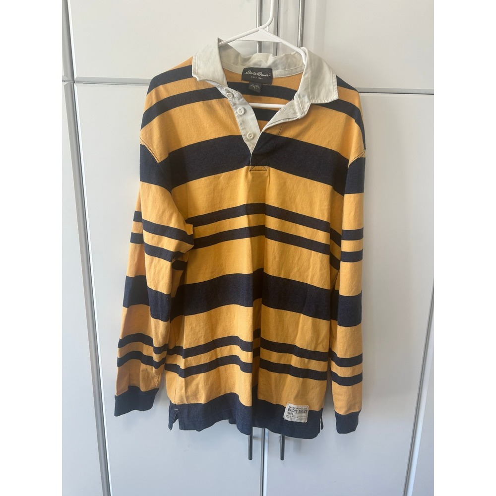 Eddie Bauer Mens Large Tall Rugby Shirt Yellow Navy Blue Striped‎ Cotton L Tall